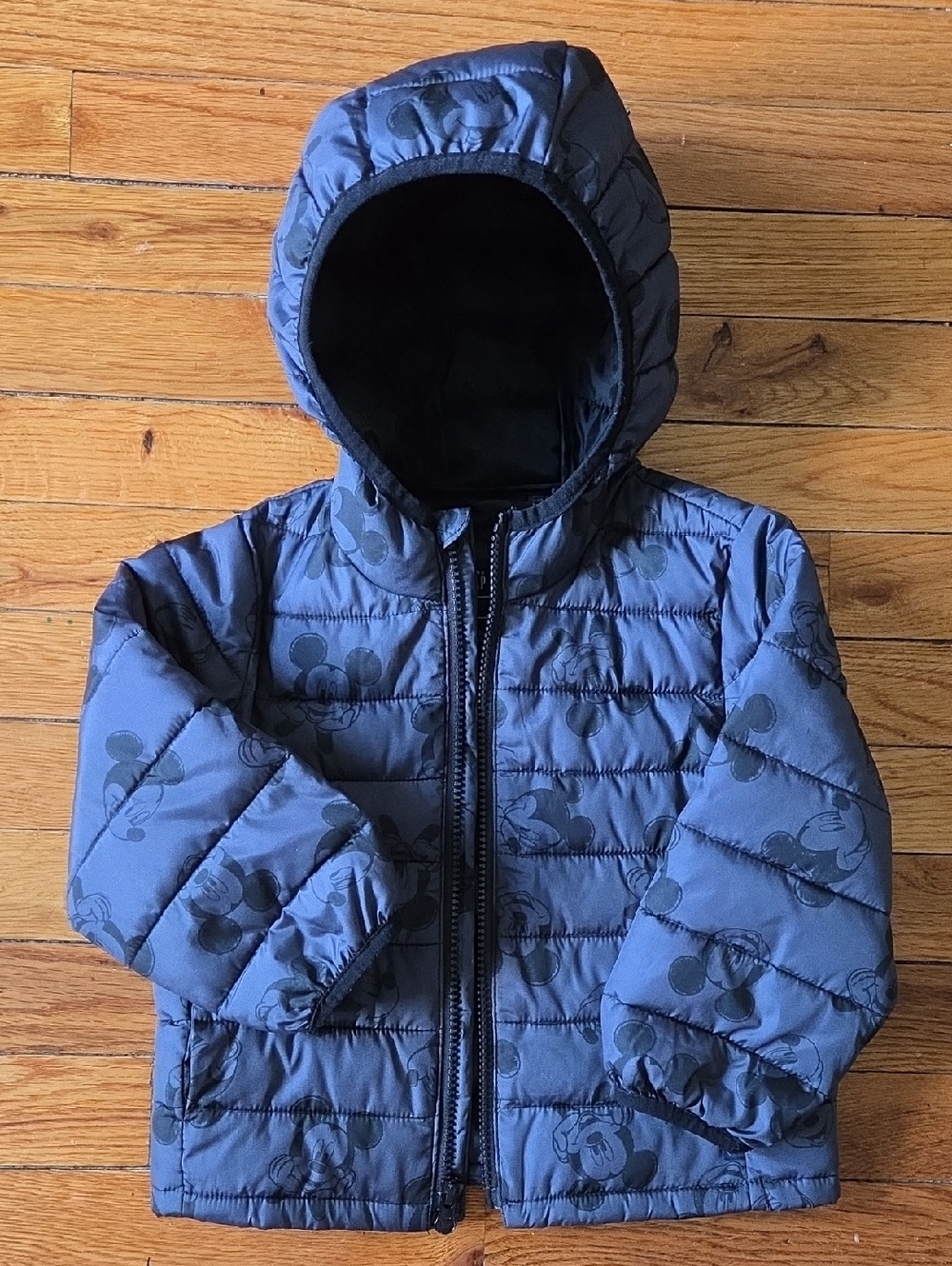 GAP Grey Hooded Puffer Jacket with Mickey Print 2T